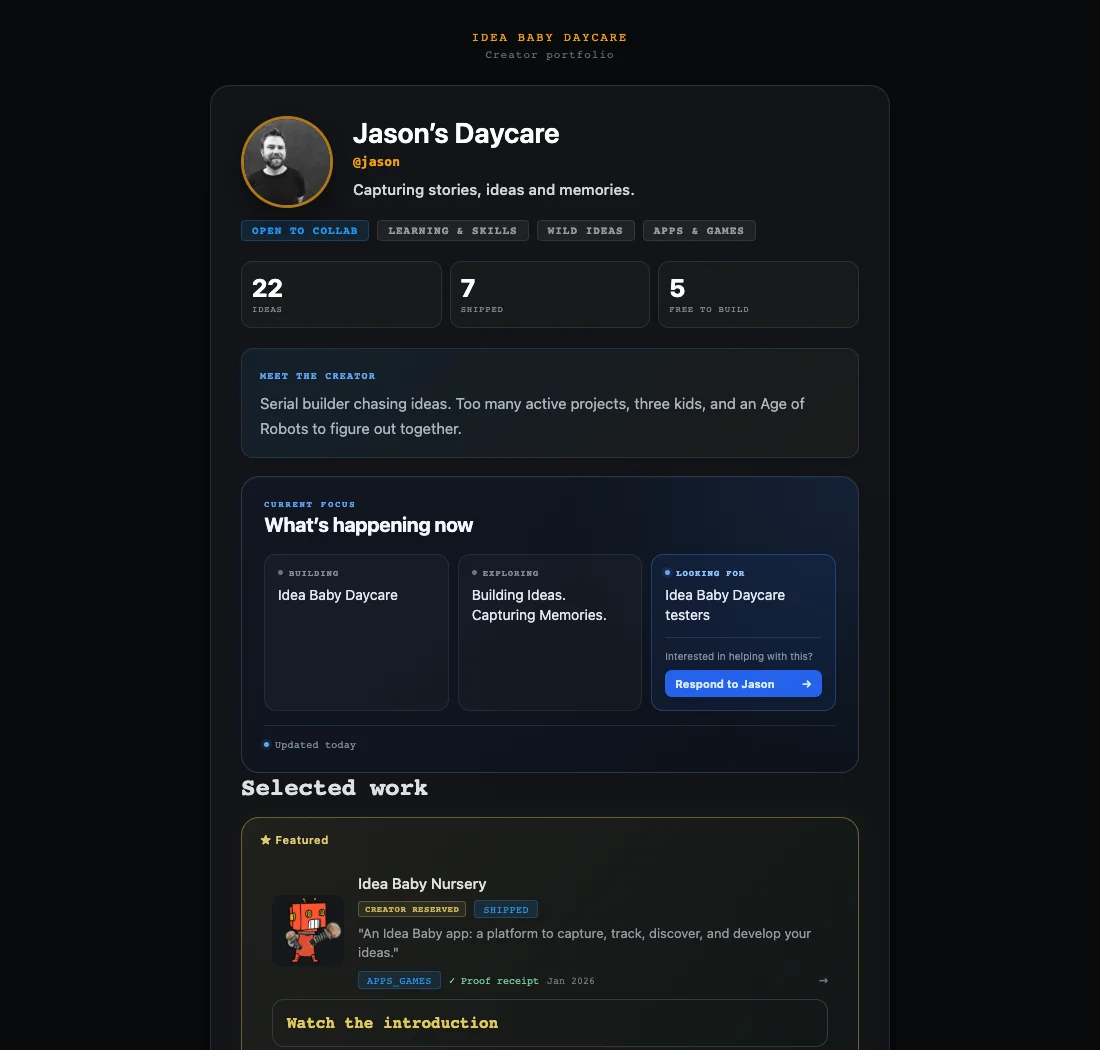 Jason’s IBD public page with his introduction, current projects, request for testers, and featured idea