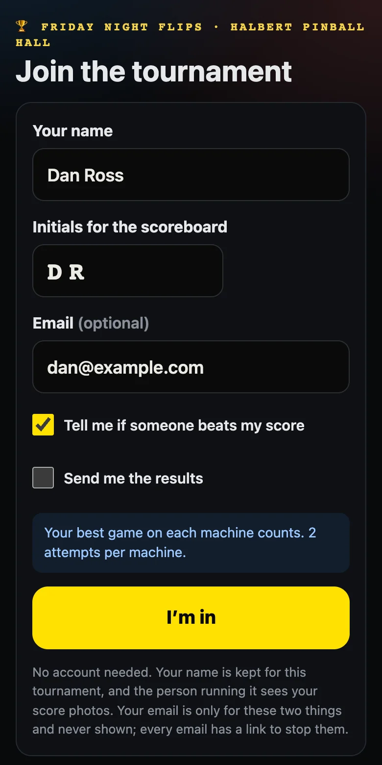 Joining a tournament on a phone: name, initials for the scoreboard, an optional email, and I’m in.