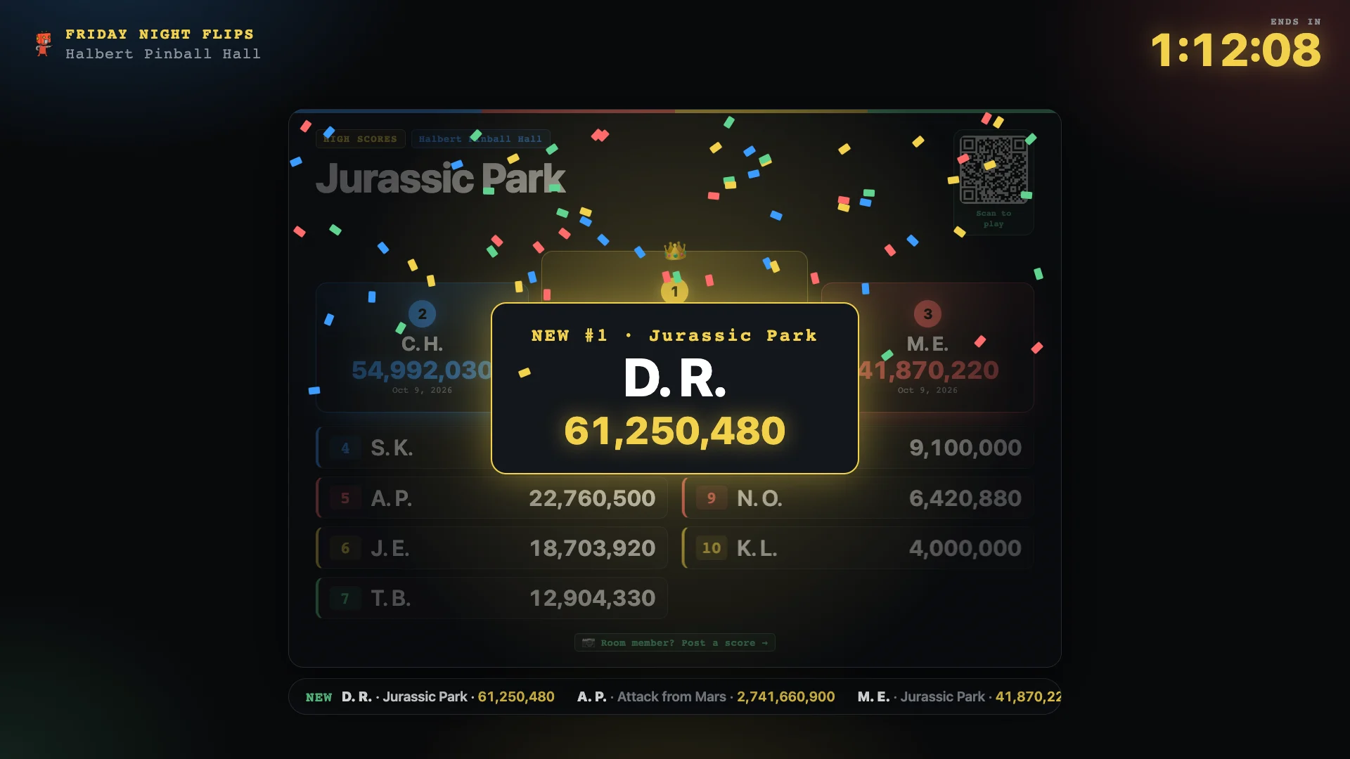 The TV’s New number 1 takeover: D. R., 61,250,480 on Jurassic Park, with confetti.